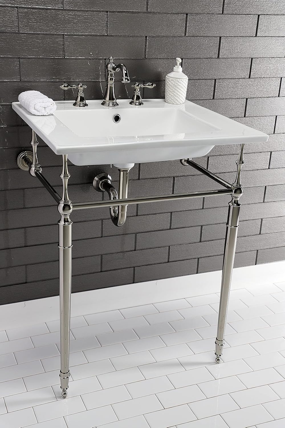 Kingston Brass KVPB25227W8PN Edwardian 25-Inch Console Sink with Brass Legs (8-Inch, 3 Hole), White/Polished Nickel