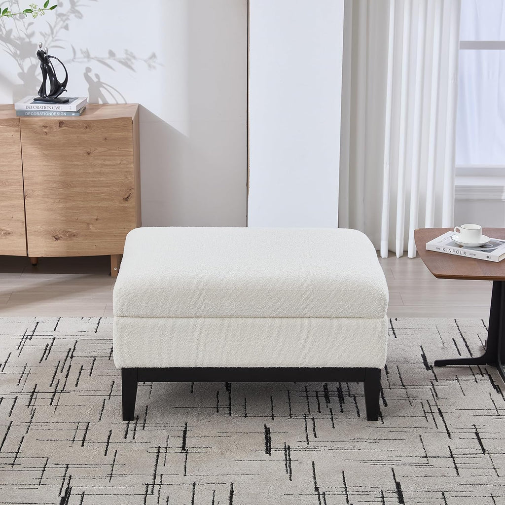 Setawix 33.86" Large Storage Ottomans for Living Room,Boucle Upholstered Ottoman Coffee Table with Tray,Mid Century Modern Ottoman Seat with Storage Footrest for Bedroom (Ivory+Black Legs)