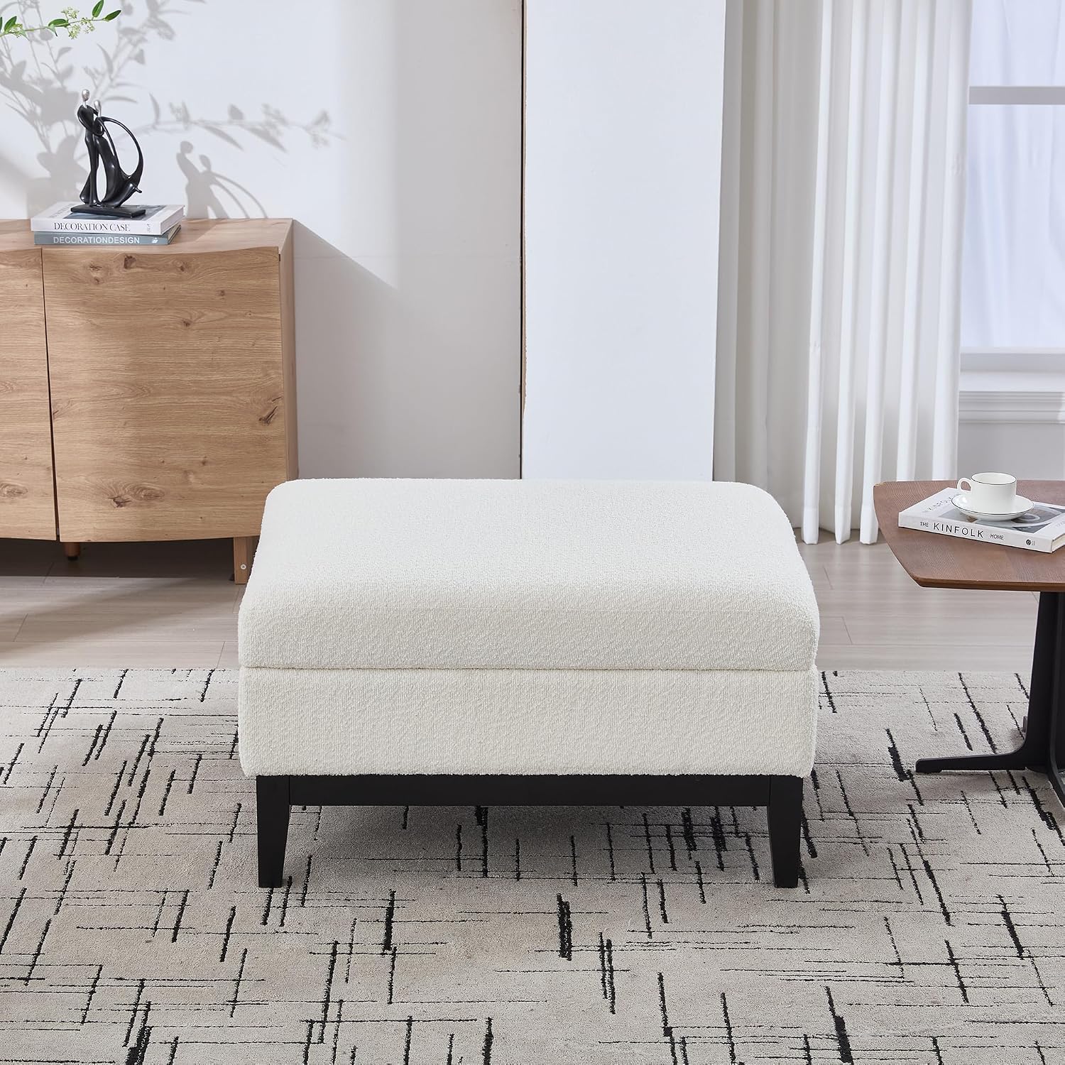 Setawix 33.86" Large Storage Ottomans for Living Room,Boucle Upholstered Ottoman Coffee Table with Tray,Mid Century Modern Ottoman Seat with Storage Footrest for Bedroom (Ivory+Black Legs)