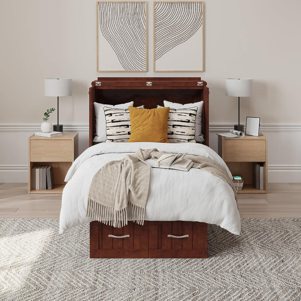 AFI, Sydney Twin Wood Murphy Bed Chest with 6" Mattress, Storage Drawer & Built-in USB Charger, Walnut