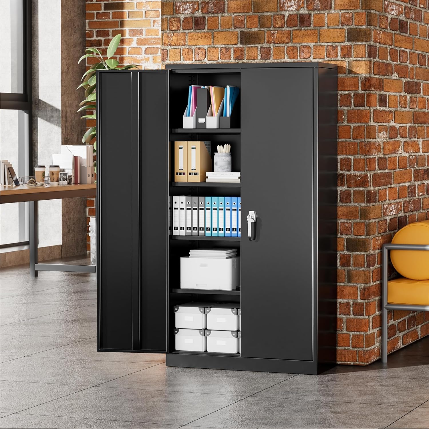 Greenvelly 72" H Metal Storage Cabinet, 36" W x 18" D Black Metal Cabinet with 2 Doors and 4 Adjustable Shelves,Locking Cabinets for Office, Home, Garage, School