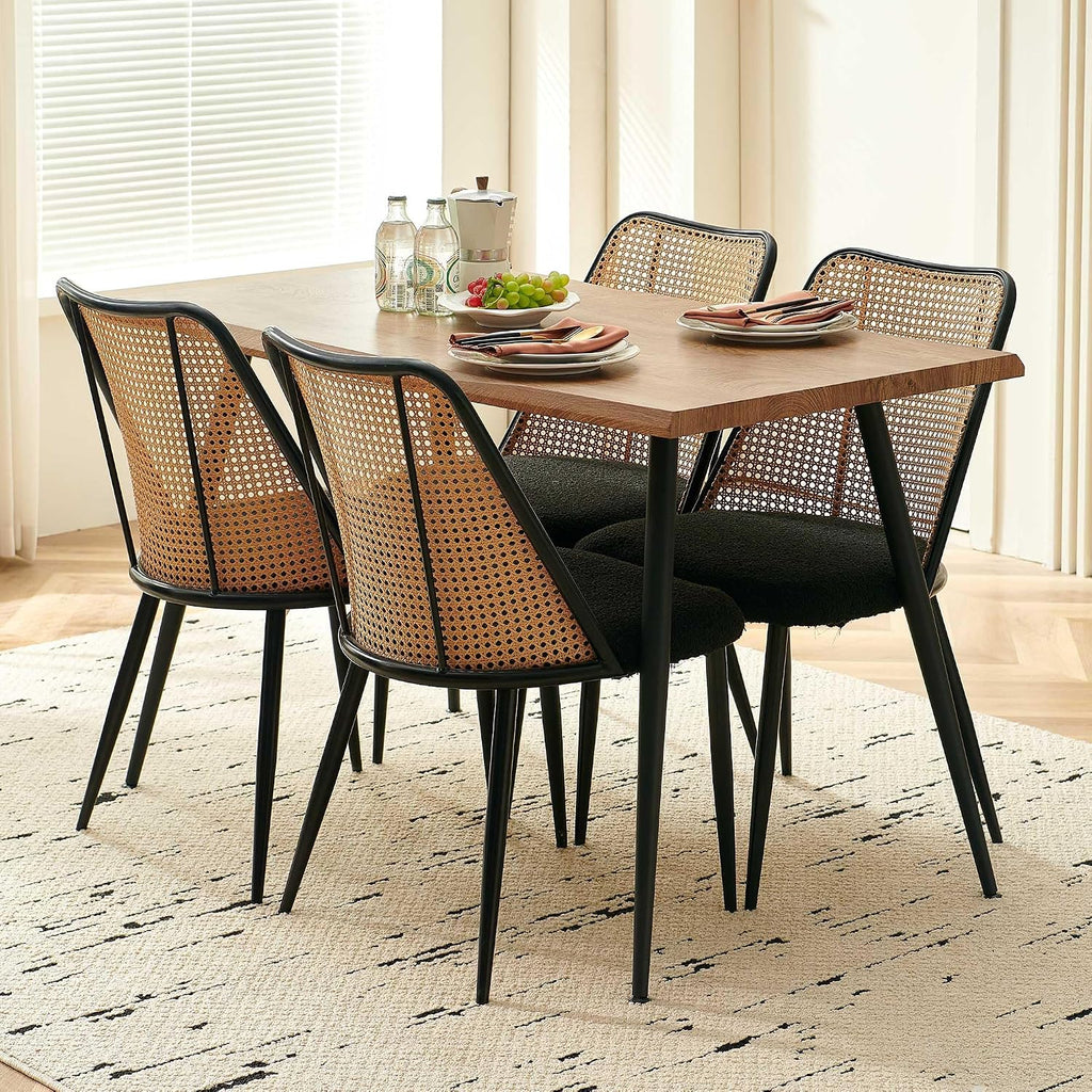 Homedot Modern Rattan Dining Chairs Black Set of 4, Upholstered Dining Room Chairs Boucle Woven Cane Kitchen Dining Accent Chairs for Reception Rooms, Restaurant