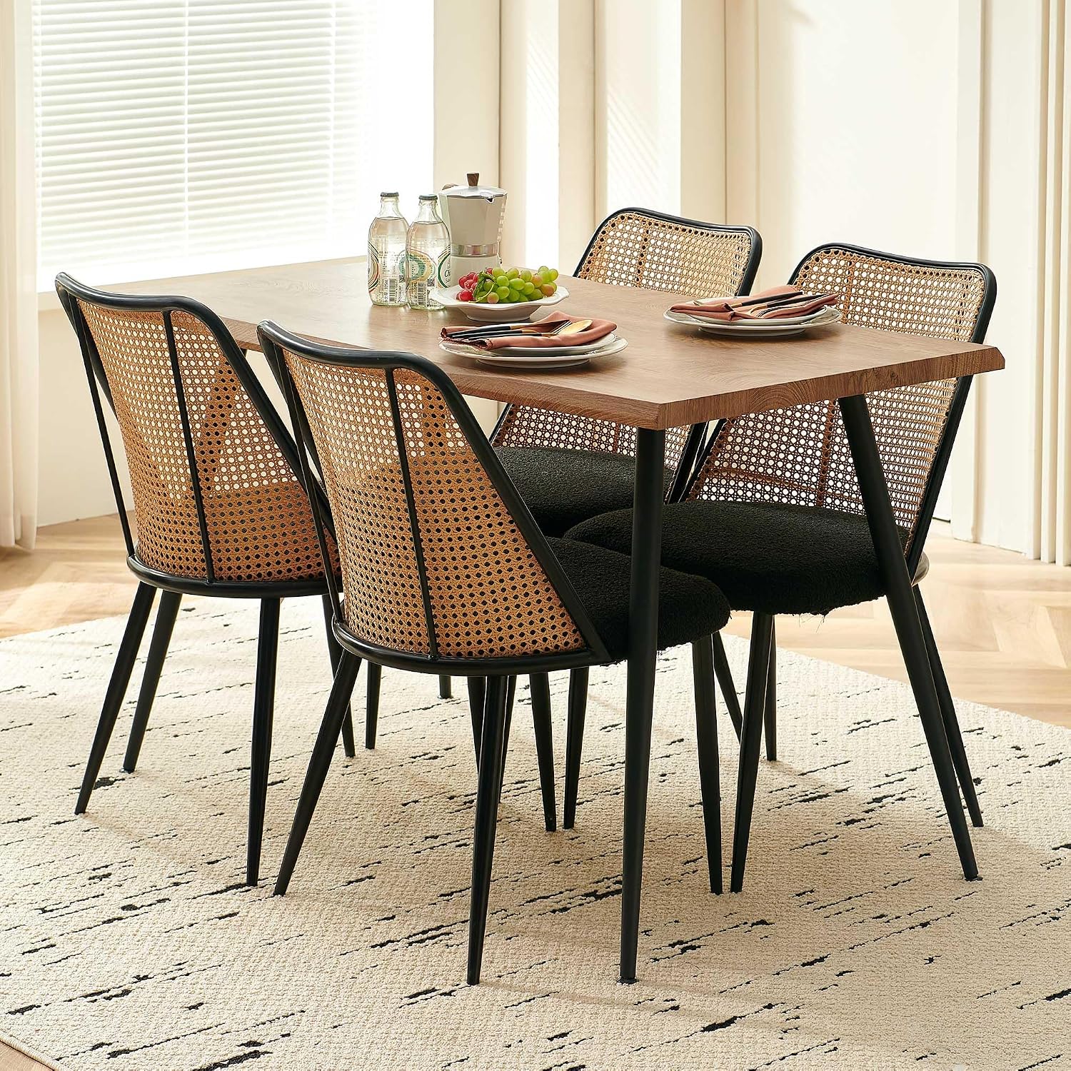 Homedot Modern Rattan Dining Chairs Black Set of 4, Upholstered Dining Room Chairs Boucle Woven Cane Kitchen Dining Accent Chairs for Reception Rooms, Restaurant