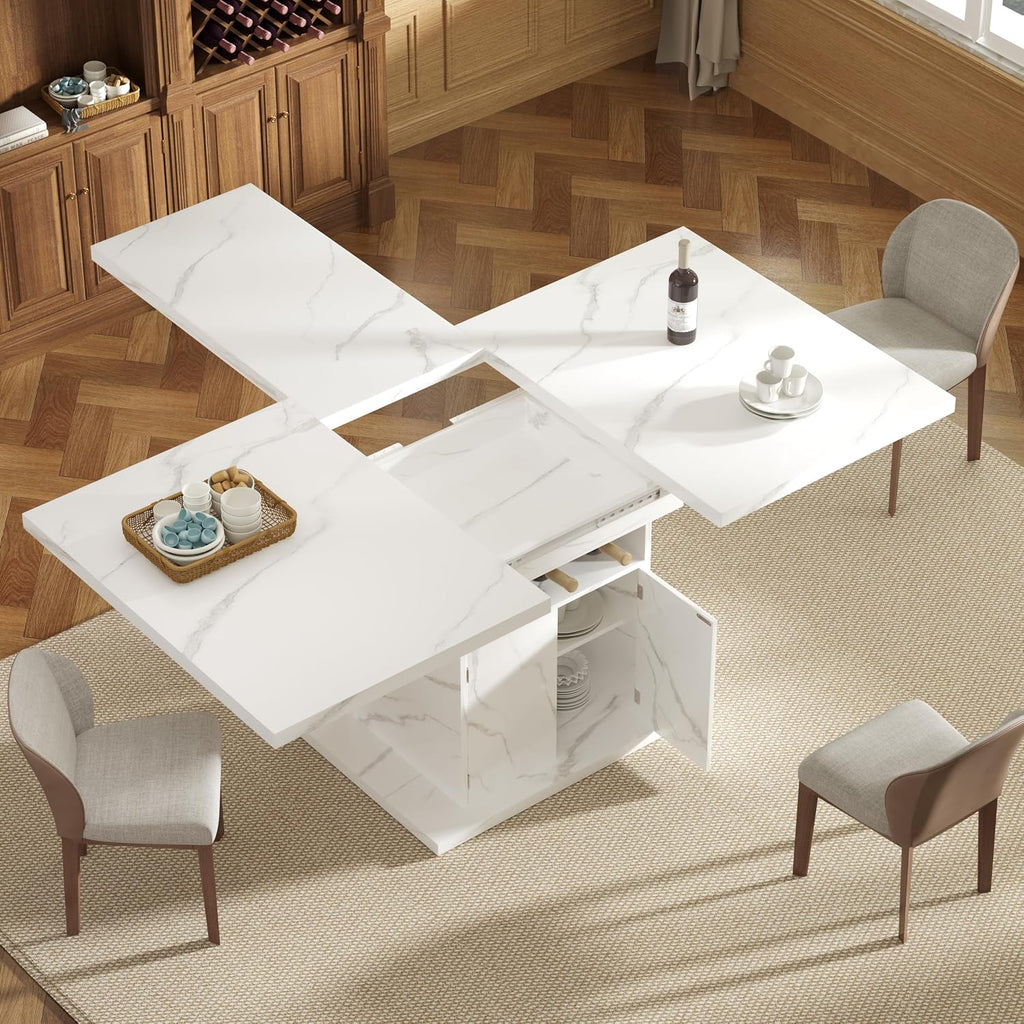 Extendable Dining Table for 4-6, 47-63 Inch Rectangle Kitchen Dining Table with Storage, Expandable Modern Rectangle Dinner Table with Faux Marble Top for Kitchen, Dining Room, White Faux Marble