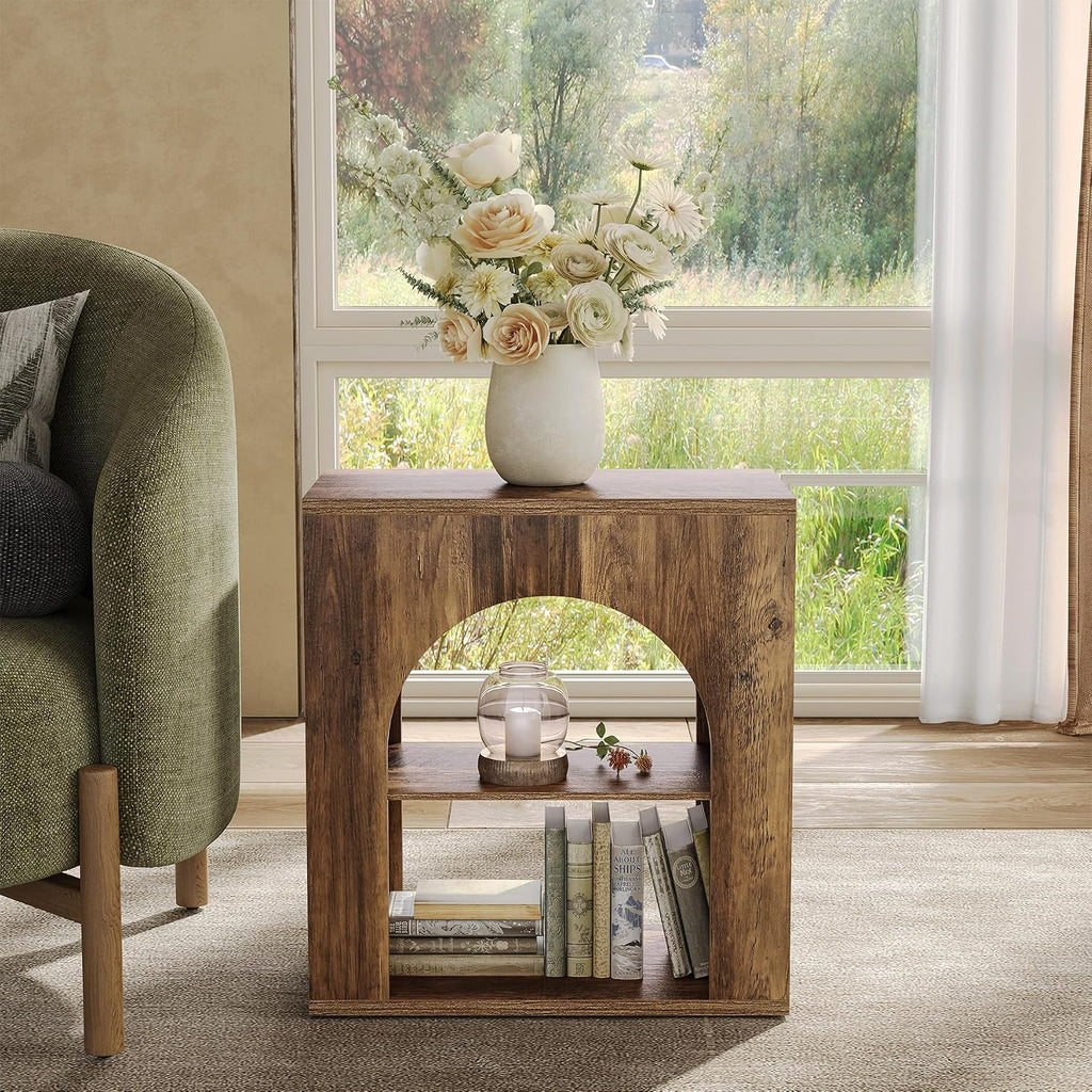 LITTLE TREE 3-Tier End Table, Small Wooden Side Table with Open Storage Shelf for Living Room, Rustic Narrow Night Stand, Bedside Table for Bedroom, Small Space, Easy Assembly