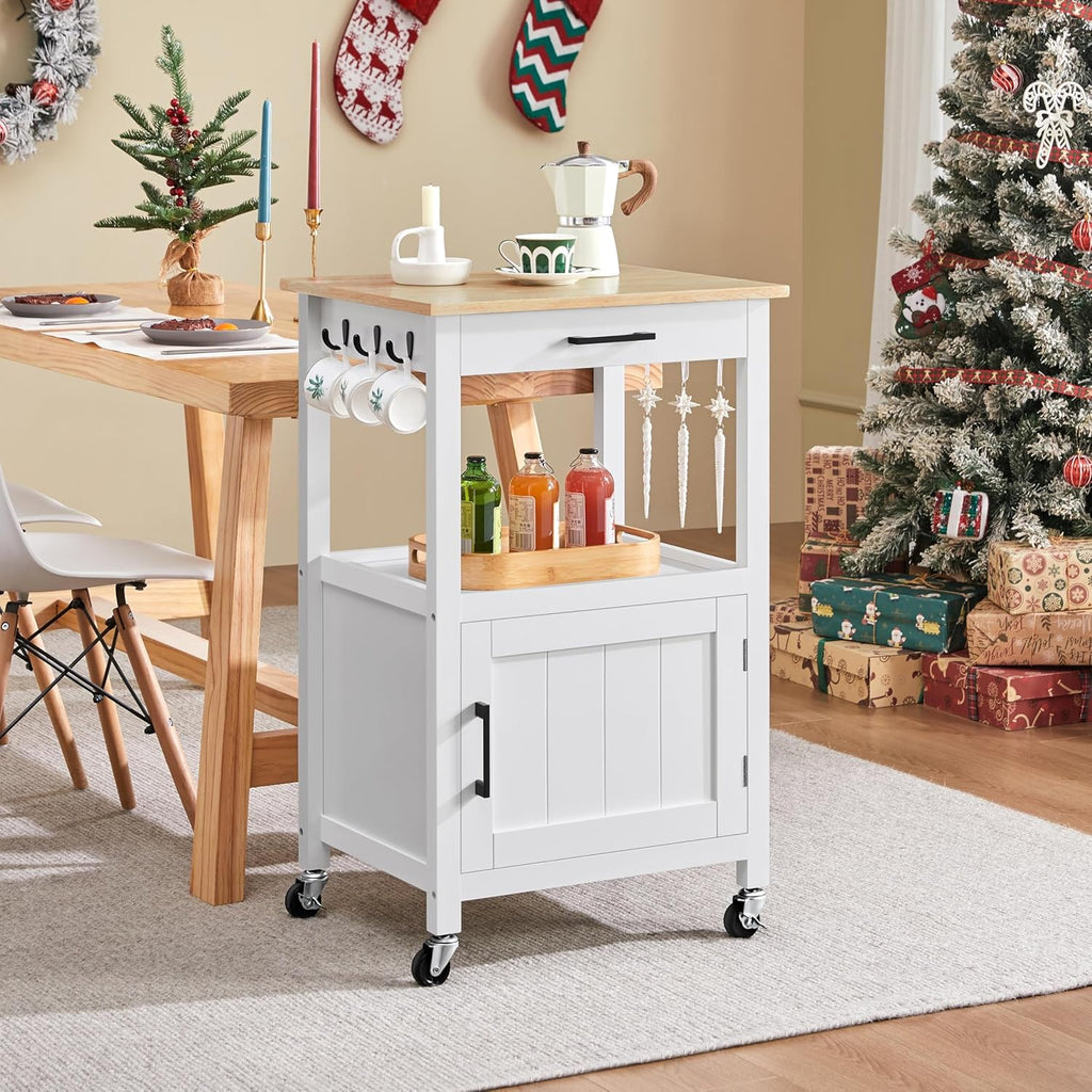 Yaheetech Kitchen Island Cart with Storage, Rolling Kitchen Island on Wheels with 6 Side Hooks, Wood Top Microwave Cart with Drawer for Dining Room, White