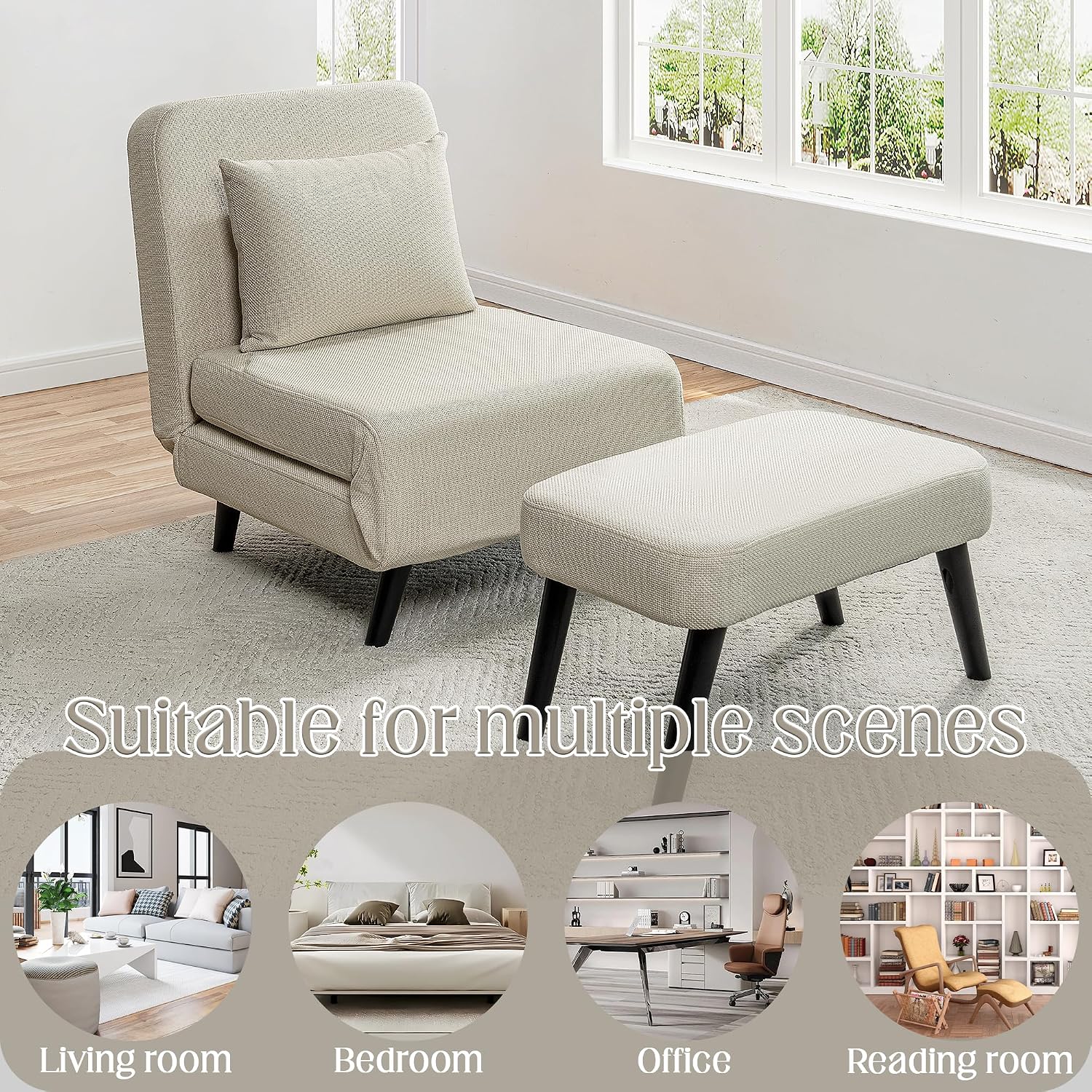 3 in 1 Foldable Sleeper Chair Bed, Convertible Sofa Bed with Adjustable Backrest, Footrest & Detachable Pillow, Linen Chaise Lounge, Accent Chair for Living Room, Bedroom and Office (Beige)