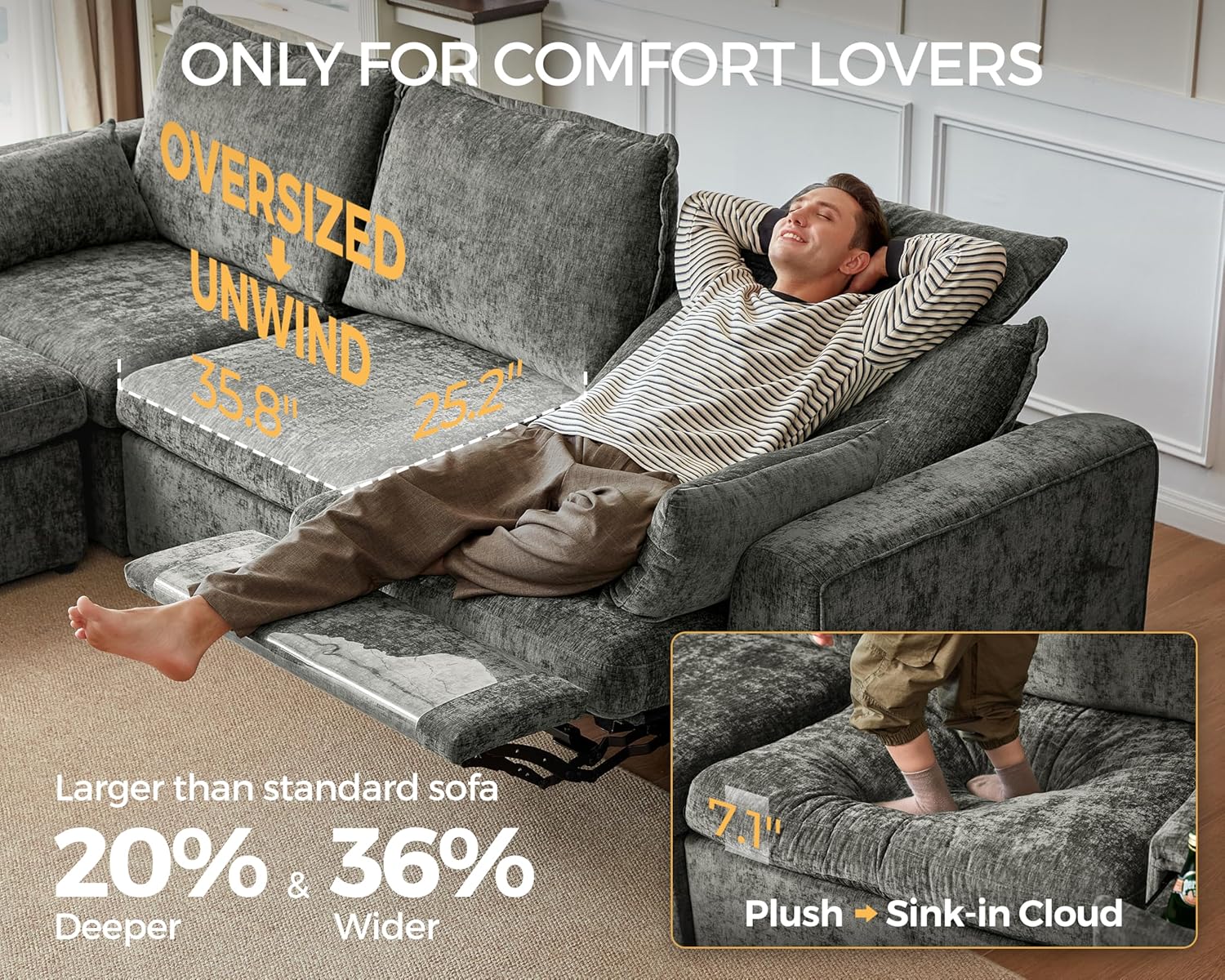 138.6'' Oversized Power Recliner Sofa with Headrest, Modular Cloud Sectional Couch with Convertible Table, Charging, Drawer, Cup Holder, 4-Seater with Storage Ottoman, Chenille, Grey