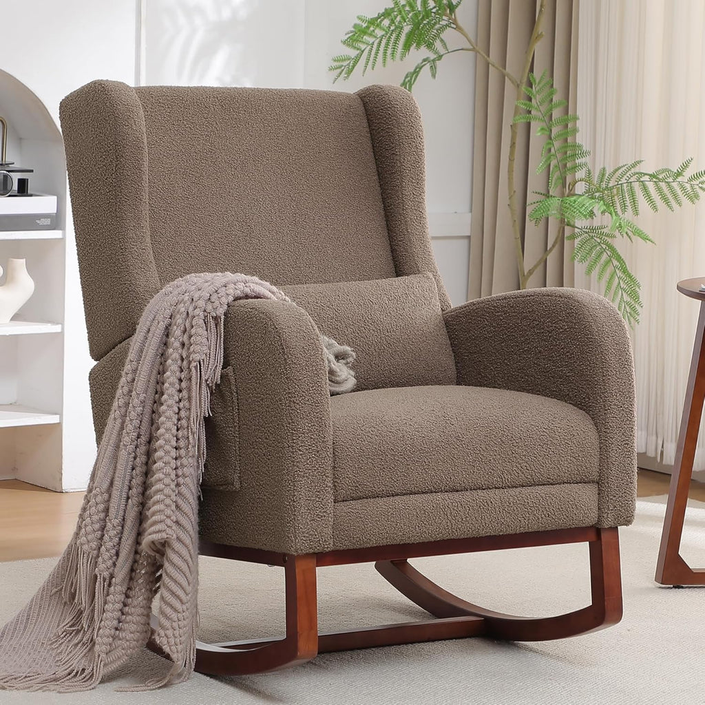 HCHAIRH Rocking Chair with Foot Rest, Teddy Wingback Nursery Rocking Chairs, Nursing Glider Rocker Chair with Pillow and High Back for Nursery, Living Room, Bedroom