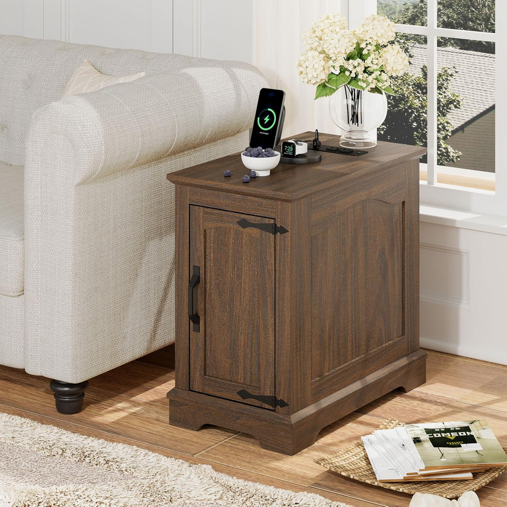End Tables Set of 2 with Charging Station,Narrow Side Table with Storage for Sofa Couch or Bed Side, Farmhouse Nightstand with Wood Door for Bedroom Living Room(Walnut)