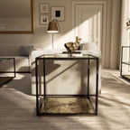 24/7 Shop at Home Aureum Modern 24-inch 1-Shelf Glass Top End Table with Sunburst Bottom Panel, Metal Frame for Living Room, Office, Antique Gold & Black