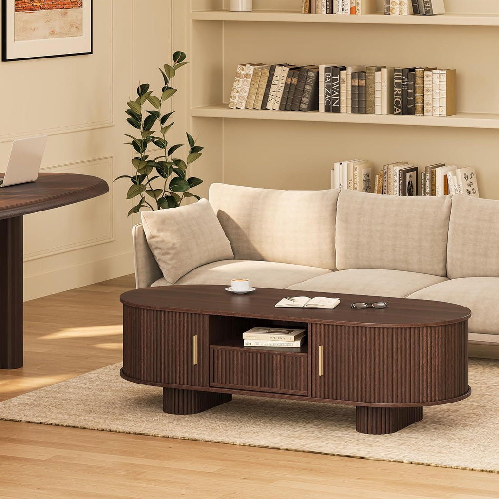 55.1" Oval Coffee Tables with Storage,Fluted Mid Century Modern Center Table with Drawer,Accent Coffee Table with Sliding Door for Living Room Small Space (Walnut)