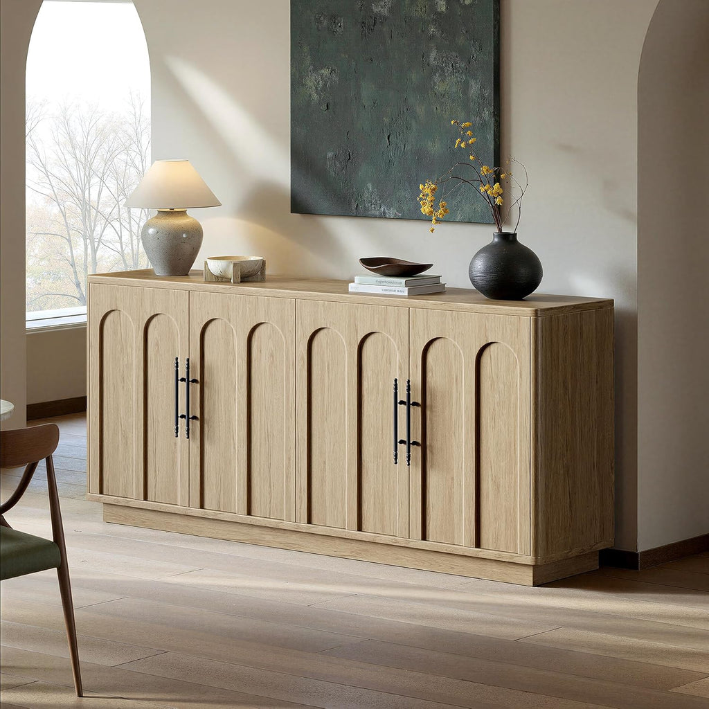 Evermagin 67" Arched Oak Sideboard Buffet Cabinet with Storage | Mid-century modern wood sideboard, large credenza with 4 doors for kitchen or living room, 67"W x 31.5"H x 15.7"D