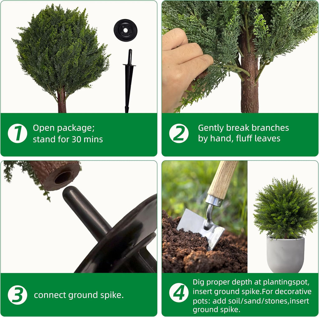 24.5 Inch (H) Artificial Cedar Topiary Ball Trees, Set of 4 Fake Shrub Bushes with Ground Spike, UV Resistant Faux Cypress Greenery Decor for Outdoor Garden, Patio, Front Porch, and Indoor Use