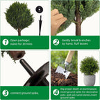 24.5 Inch (H) Artificial Cedar Topiary Ball Trees, Set of 4 Fake Shrub Bushes with Ground Spike, UV Resistant Faux Cypress Greenery Decor for Outdoor Garden, Patio, Front Porch, and Indoor Use