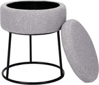 BIRDROCK HOME Grey Linen Storage Stool Ottoman w/Black Metal Leg Base, Soft Compact Padded Seat Footrest, Small Footstool for Living Room Seating, Office, Dorm, Vanity Chair, Bedroom, Couch, Desk