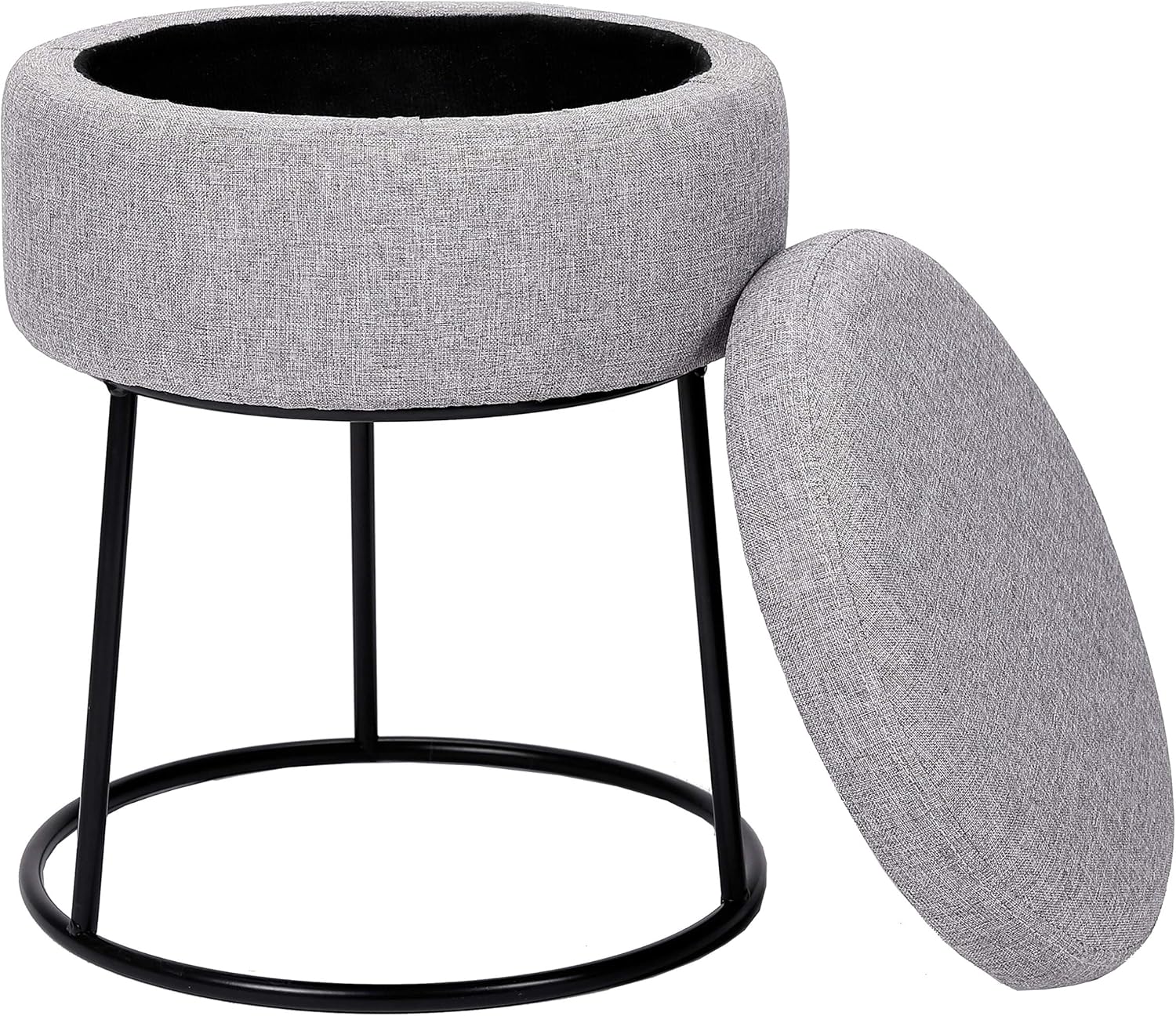 BIRDROCK HOME Grey Linen Storage Stool Ottoman w/Black Metal Leg Base, Soft Compact Padded Seat Footrest, Small Footstool for Living Room Seating, Office, Dorm, Vanity Chair, Bedroom, Couch, Desk