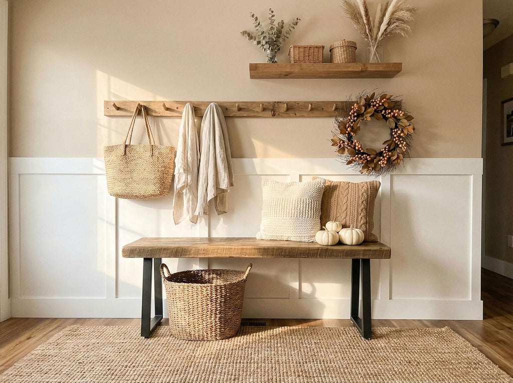 Rustic Revival Reclaimed Barnwood Bench, Solid Wood with Metal Base, Modern Farmhouse Style, 2-Inch Thick Top, for Entryway, Bedroom, Living Room (38x12)