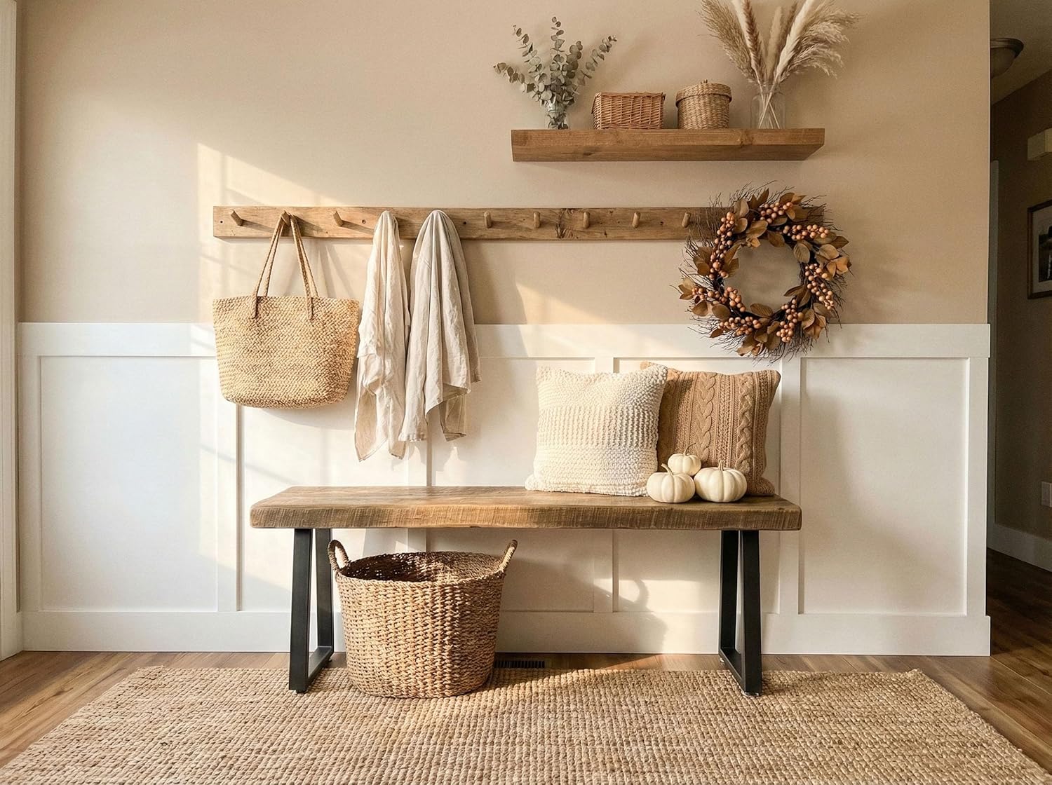 Rustic Revival Reclaimed Barnwood Bench, Solid Wood with Metal Base, Modern Farmhouse Style, 2-Inch Thick Top, for Entryway, Bedroom, Living Room (38x12)