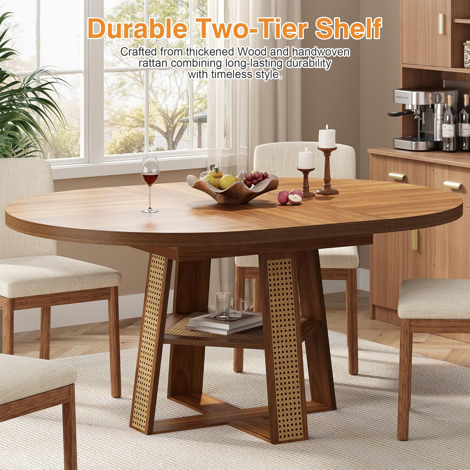43"-59" Extendable Round Dining Table for 4-8, Transformer Oval Modern Kitchen Table with Removable Leaves Space Saving, Wood Dining Room Table with Storage Shelf for Kitchen, Walnut, Cross Leg