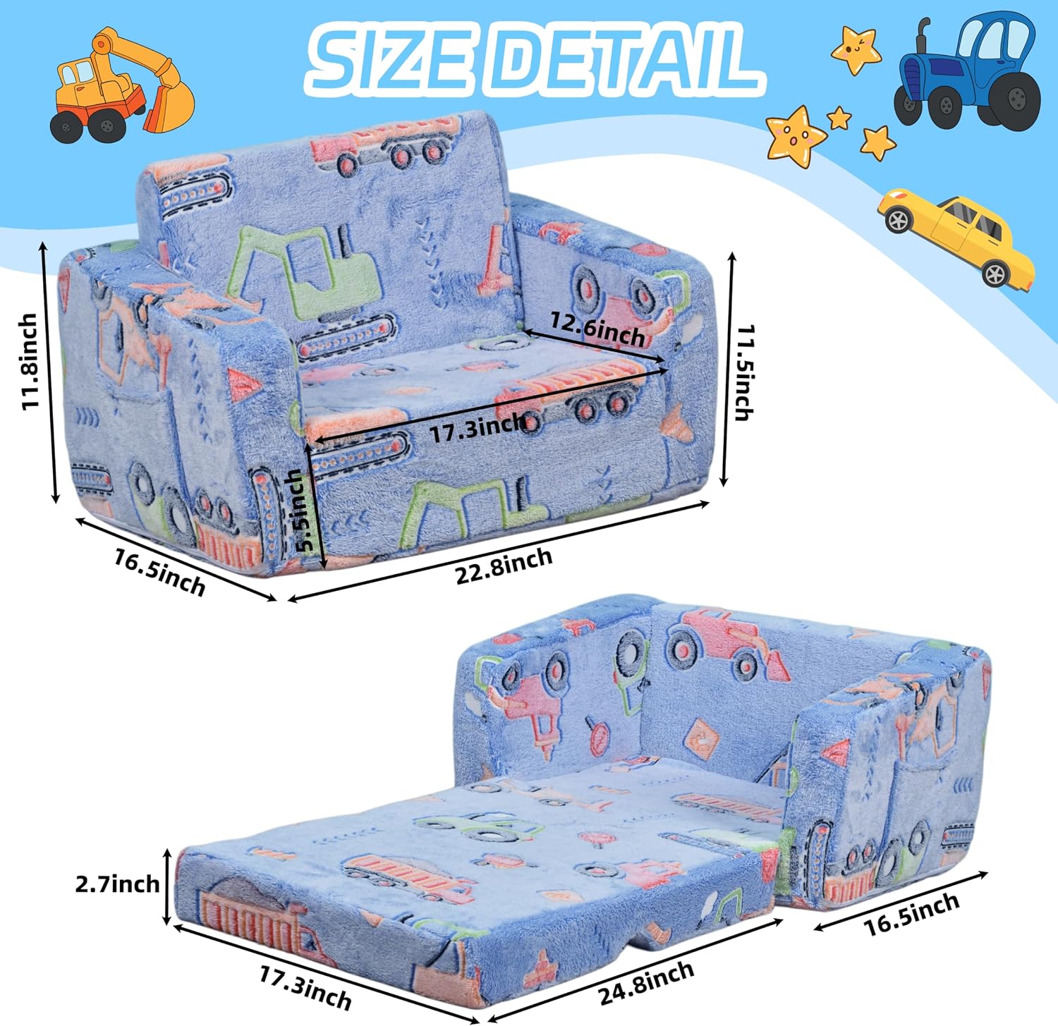 Toddler Couch 2-in-1 Glow in The Dark - Convertible Kids Sofa Chair to Lounger, Soft Plush Fold-Out Sofa Bed with Side Pocket, Washable Cover, Safe Non-Toxic Furniture for Boys Girls (Blue Car)