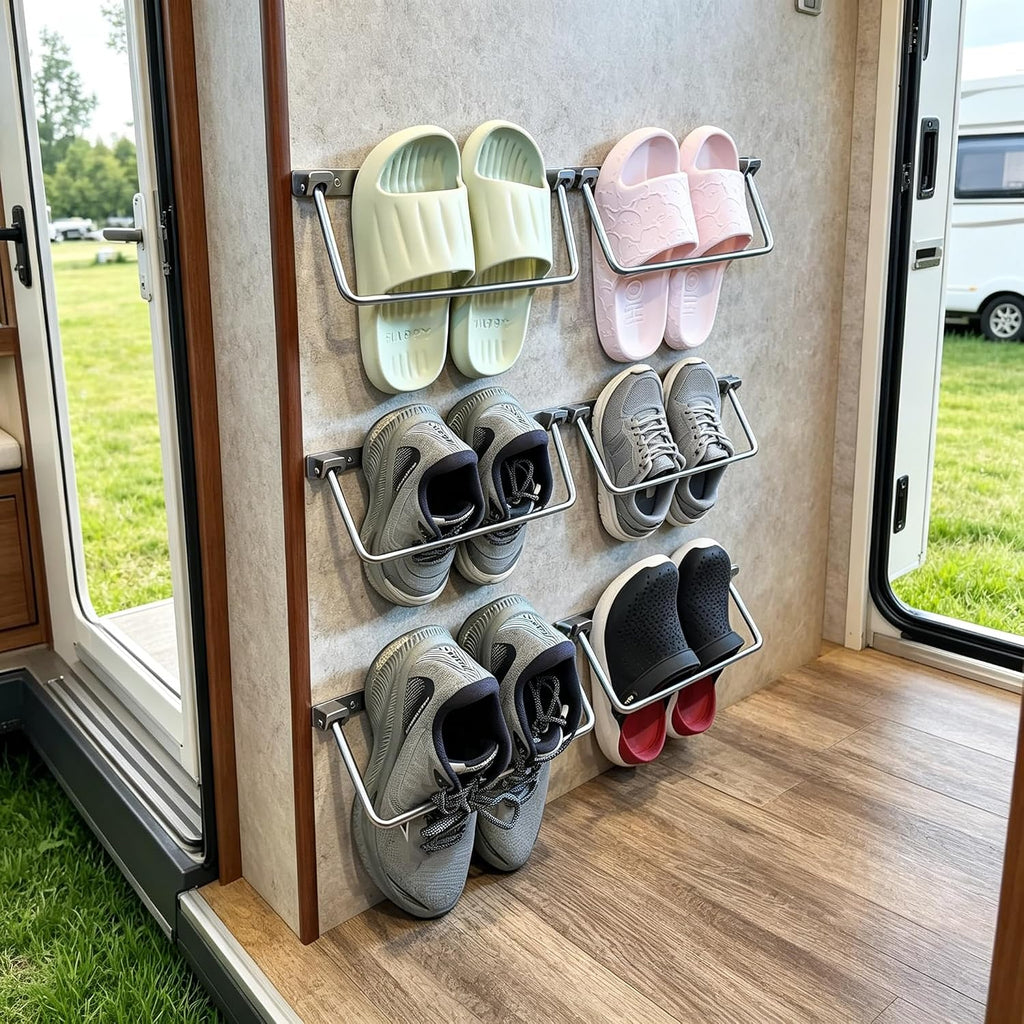 2026 New RV Shoe Storage 4-Pack Foldable Aluminum Wall Mounted Shoe Rack, Space Saver Camper Organizers and Storage for Travel Trailer, Bedside & Hallway - Rustproof Silver