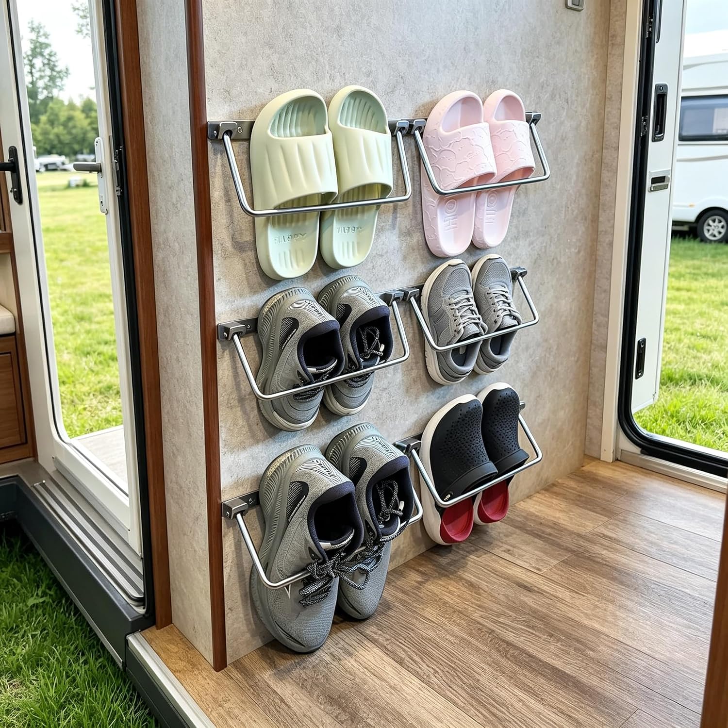 2026 New RV Shoe Storage 4-Pack Foldable Aluminum Wall Mounted Shoe Rack, Space Saver Camper Organizers and Storage for Travel Trailer, Bedside & Hallway - Rustproof Silver