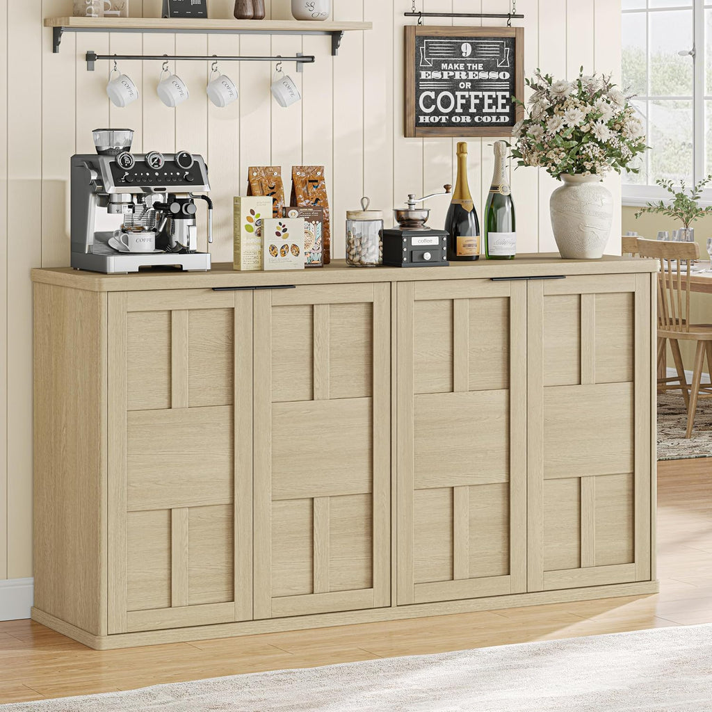 DynJest 60" Oak Buffet Cabinet Sideboard with Storage, Console Table | Large Capacity Credenza with 4 Fluted Doors & Shelves, Modern Farmhouse Buffet Cabinet for Home Office Kitchen Living Room