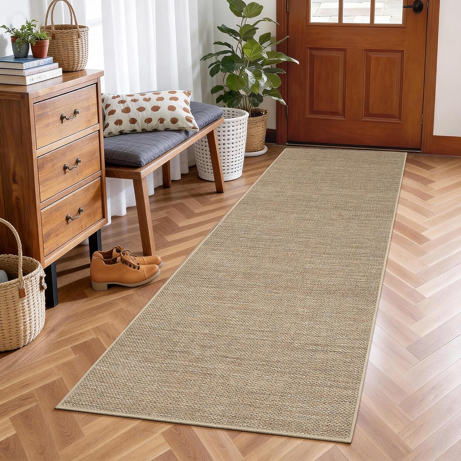 2x6 Runner Rug for Hallway Modern Solid Washable Kitchen Rugs Non Slip Outdoor Patio Runner Rugs Indoor Outdoor Easy Jute Rug Neutral Easy Jute Runners for Porch Entryway Living Room Bedroom, Tan
