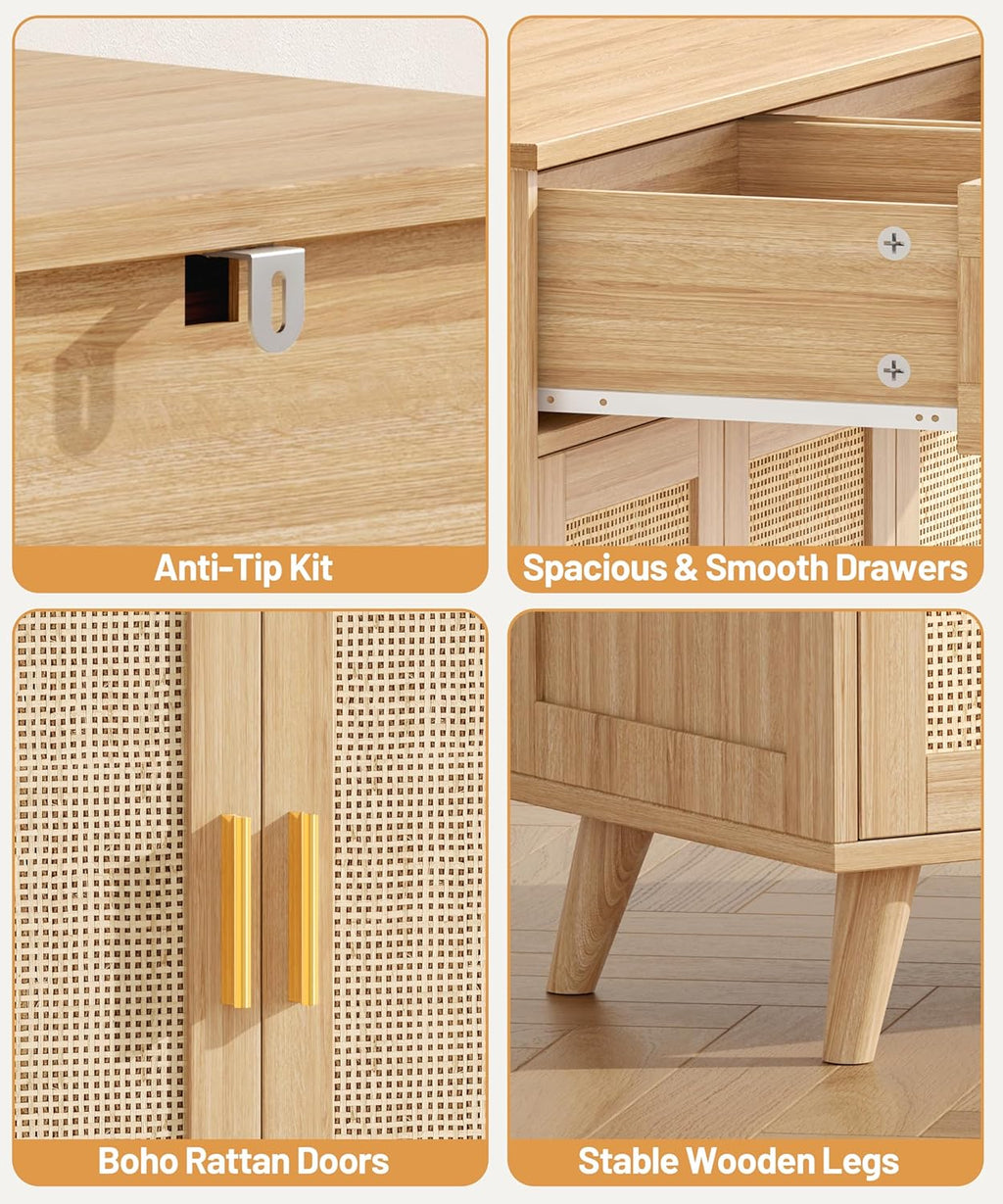Akxomel Rattan Sideboard Buffet Cabinet with Storage, 35.4" W Buffet Cabinet with 2 Drawers and 3 Doors, Sideboard Storage Cabinet with Adjustable Shelves for Kitchen, Living Room, Natural Oak