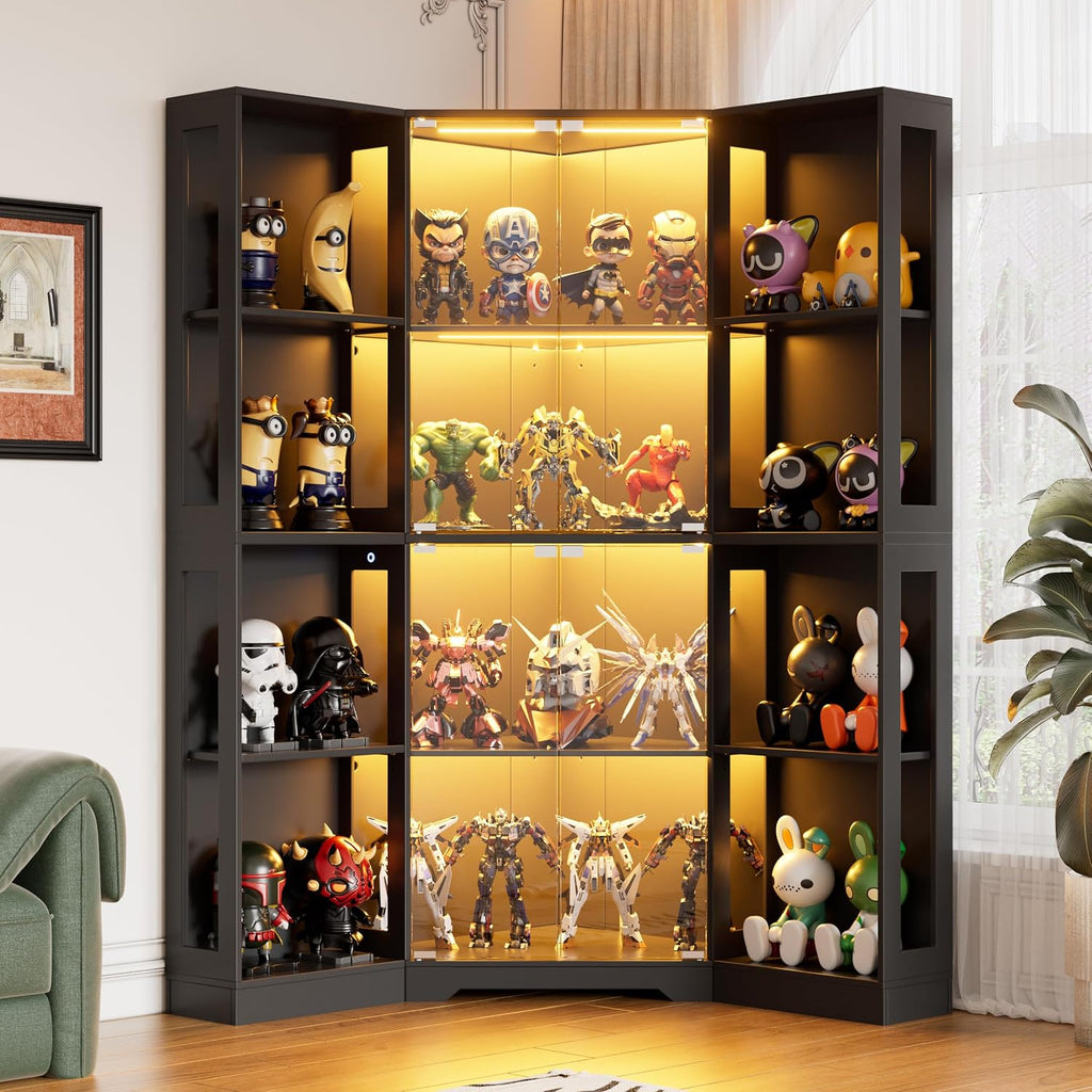 PAKASEPT Corner LED Glass Door Display Curio Cabinet/Display Case | 3 adjustable tiers,3-color LED light,pop-up tempered glass doors,living room collectible storage
