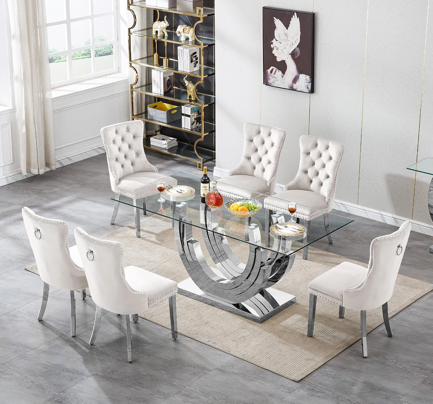 7 Piece Dining Table Set with 6 Beige Dining Chairs, Modern Glass Kitchen Table and Chairs Set for 6, 70" Rectangle Silver Glass Pedestal Dining Room Tables with Ring-Shape Stainless Steel Base