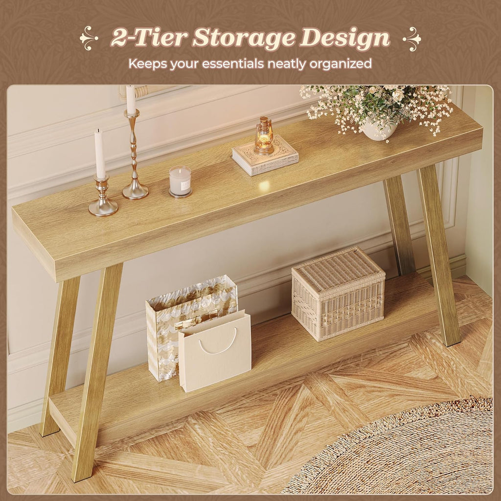 Huuger Console Table with Charging Station, USB-C Port, 2 Tiers Entryway Table, 53.9 Inch Sofa Table with Metal Legs, Entry Hallway Table with Thicker Desktop, Modern Behind Couch Table, Natural