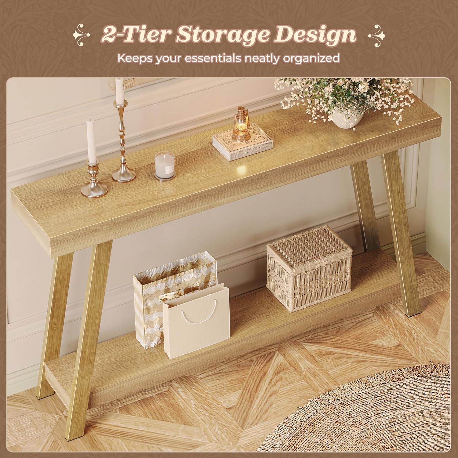 Huuger Console Table with Charging Station, USB-C Port, 2 Tiers Entryway Table, 53.9 Inch Sofa Table with Metal Legs, Entry Hallway Table with Thicker Desktop, Modern Behind Couch Table, Natural