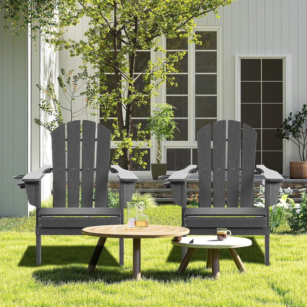 Folding Adirondack Chair with Cup Holder, HDPE All-Weather Folding Patio Chair, Outdoor Patio Adirondack Chair for Lawn Porch Garden Backyard Deck Fire Pit, Gray