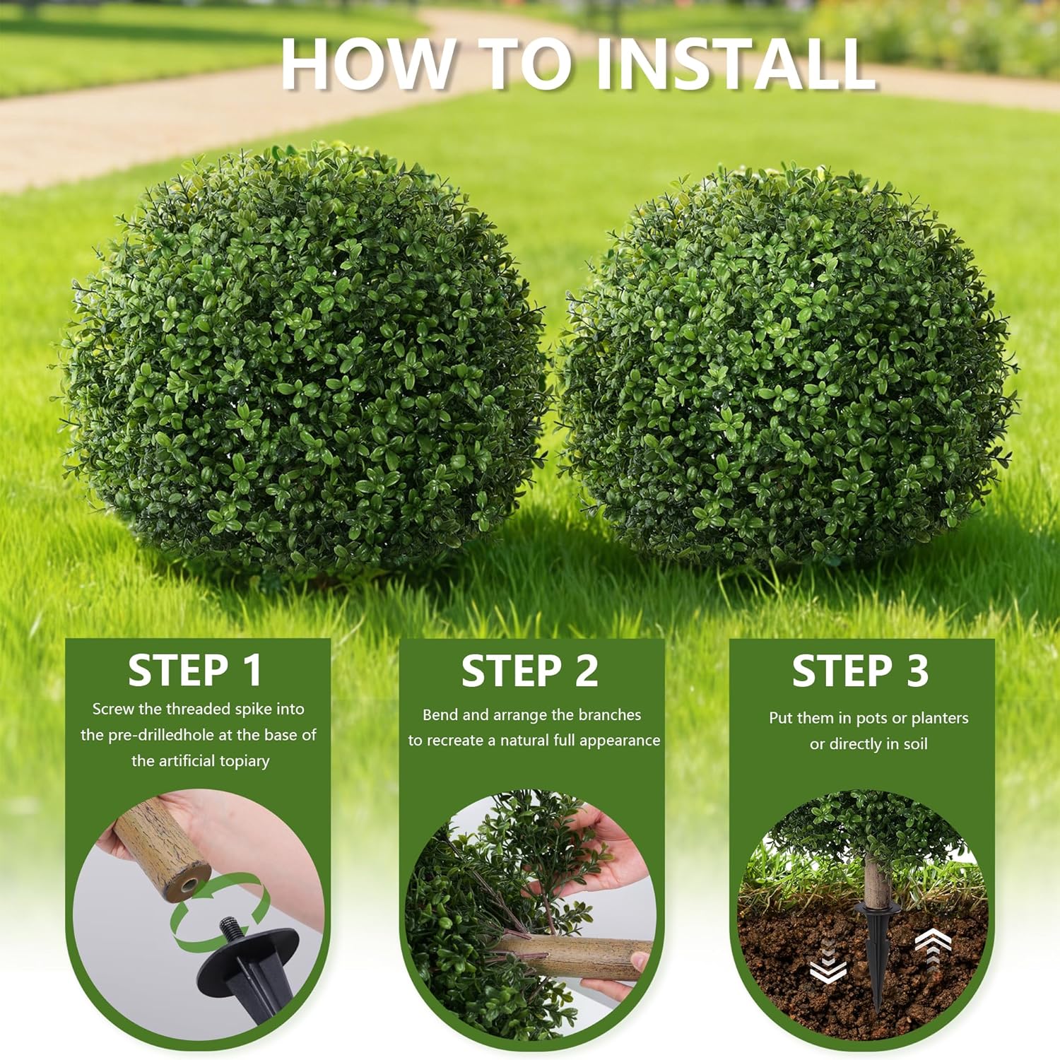 Artificial Boxwood Topiary Ball Trees for Outdoor Set of 2 Fake Plant Bushes with Ground Spike UV Resistant Faux Shrubs for Garden Front Porch, Green