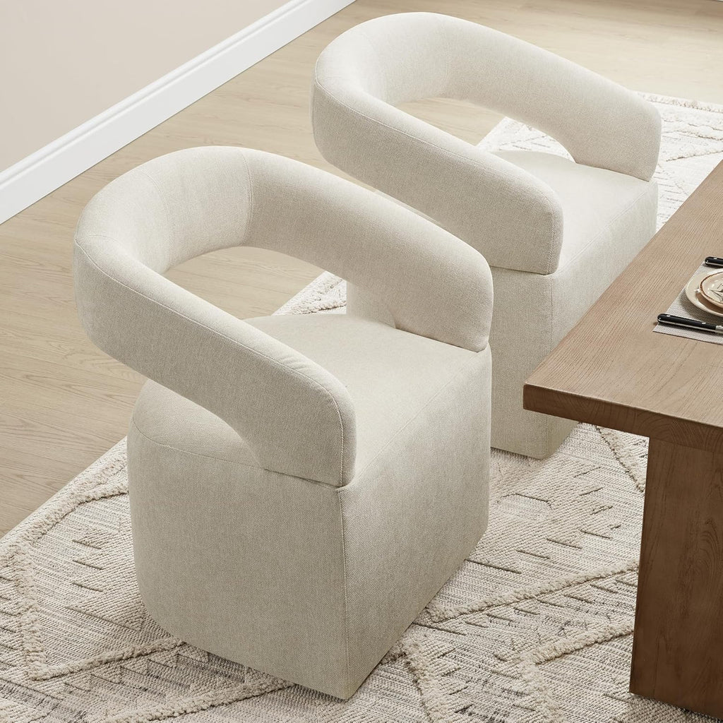 KISLOT Upholstered Dining Chairs Set of 4, Modern Rolling Dining Chairs with Hidden Casters, Arm Kitchen Chairs with Linen Look Fabric, Padded Barrel Chairs for Dining Room, Kitchen, Cream Beige
