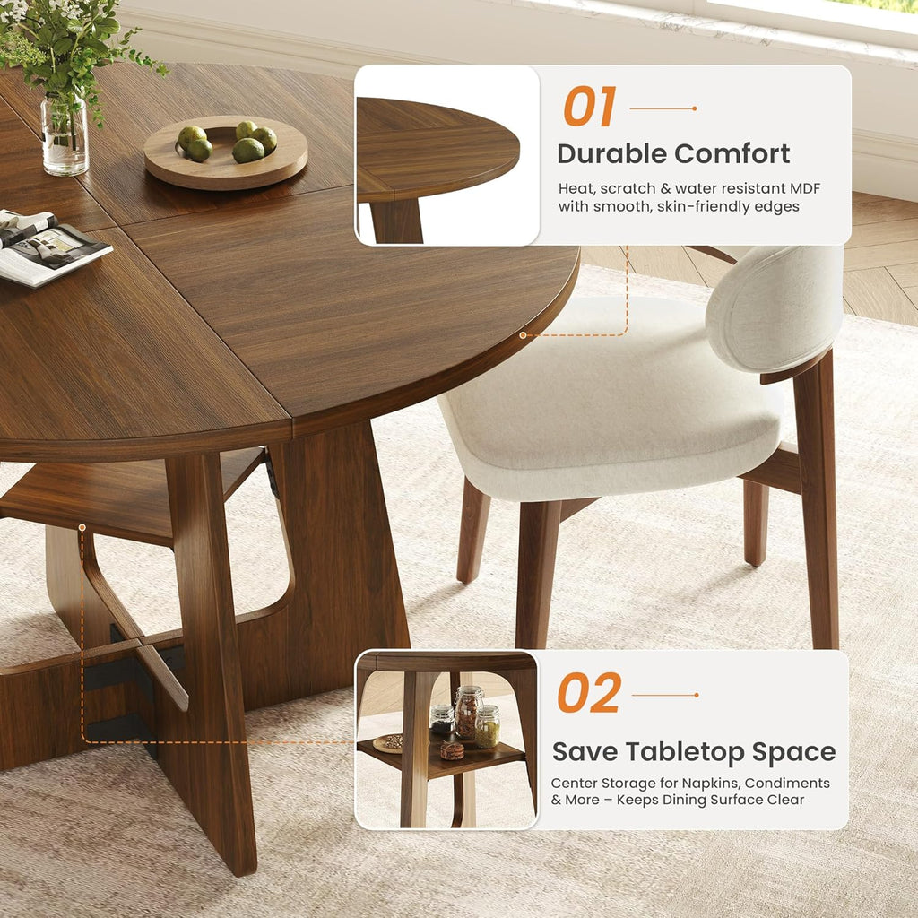 GRUSIGN 5-Piece Round Dining Table Set for 4-6, 47" Farmhouse Table with 4 Upholstered Dining Chairs, Ergonomic Curved Backrest, Space-Saving Wood Dinette Set for Dining Room Apartment, Small Space