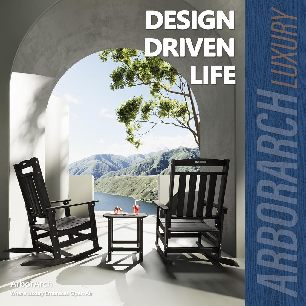 Outdoor Oversized Rocking Chairs Set of 2 with Side Table, HDPE All-Weather Resistant, Front Porch Rockers, Black
