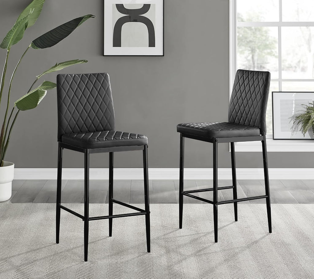 Furniturebox Milan Bar Stools - Contemporary Black Faux Leather Stools for Kitchen or Dining Room - Set of 2 with Soft Seats and Black Legs
