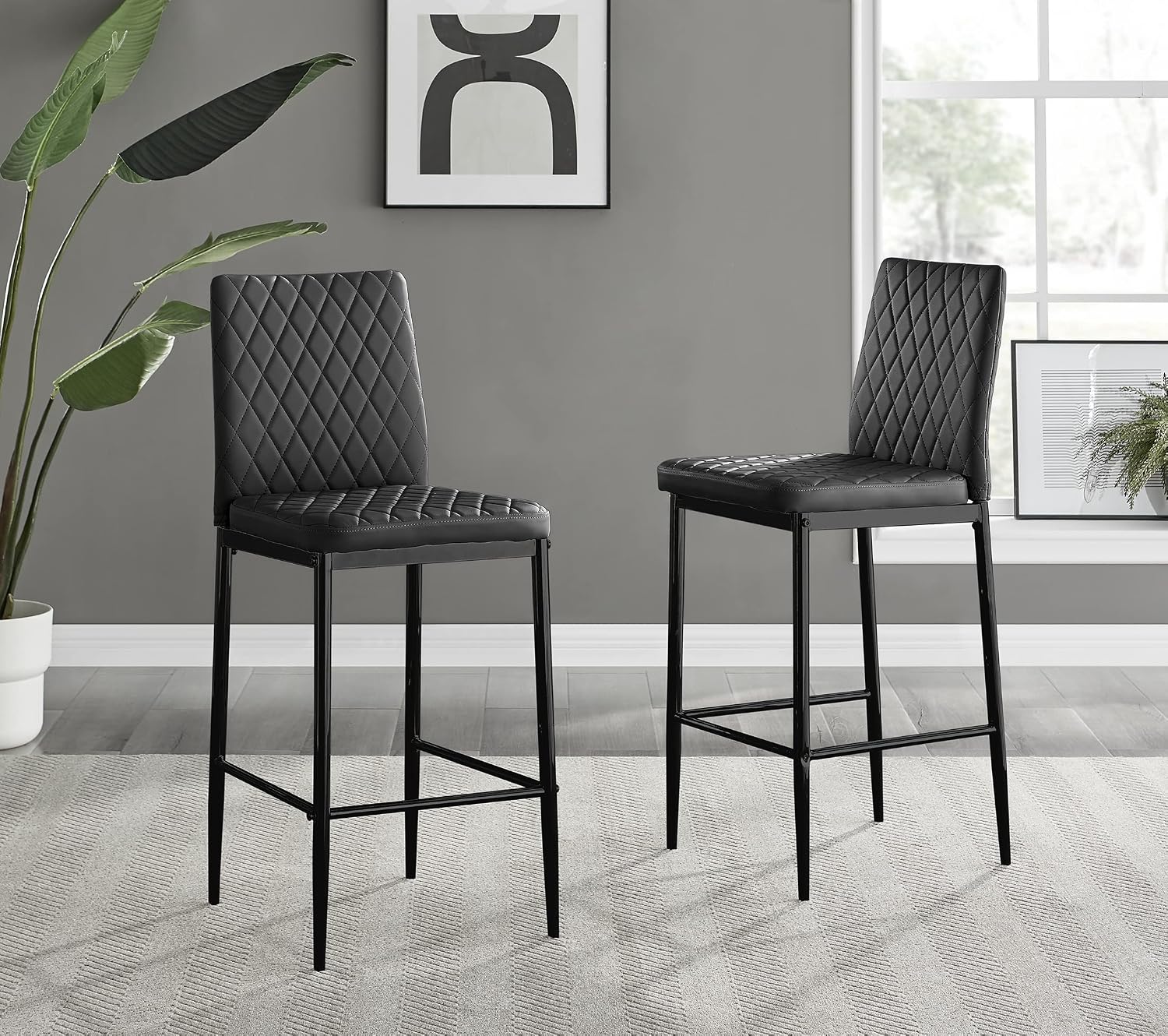 Furniturebox Milan Bar Stools - Contemporary Black Faux Leather Stools for Kitchen or Dining Room - Set of 2 with Soft Seats and Black Legs