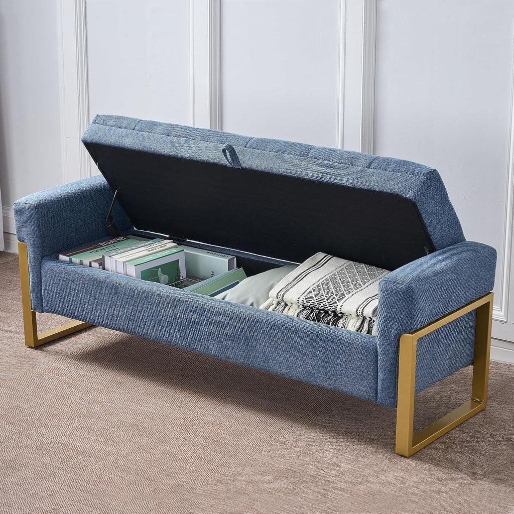 adochr 57" Storage Bench, Linen Upholstered Ottoman with Storage, Large End of Bed Bench with Metal Legs & Button-Tufted,500 lb Capacity, for Living Room, Bedroom, Entryway, Dark Blue