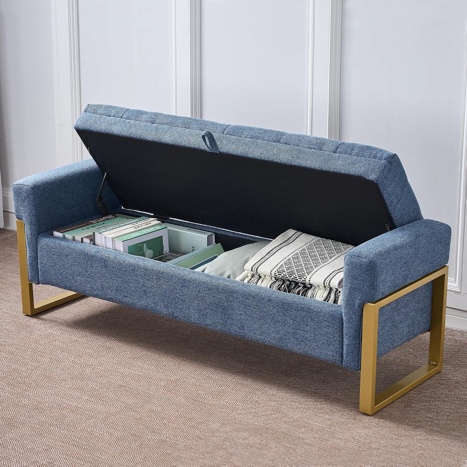 adochr 57" Storage Bench, Linen Upholstered Ottoman with Storage, Large End of Bed Bench with Metal Legs & Button-Tufted,500 lb Capacity, for Living Room, Bedroom, Entryway, Dark Blue