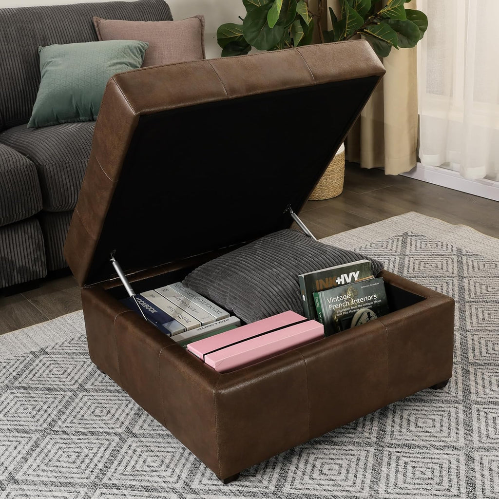 Homebeez 28.3" Storage Ottoman Bench with Faux Leather Upholstery, Button Tufted Lid, Wood Legs - Footrest, Coffee Table, Footstool for Living Room, Mottled Brown