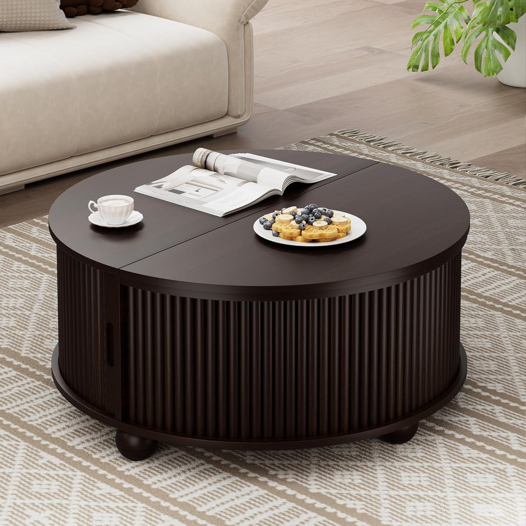 DHH Fluted Round Coffee Tables,31.5" Mid Century Modern Circle Drum Table with Storage, Accent Coffee Table with Sliding Cabinet Door for Living Room Small Space (Dark Walnut)