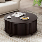 DHH Fluted Round Coffee Tables,31.5" Mid Century Modern Circle Drum Table with Storage, Accent Coffee Table with Sliding Cabinet Door for Living Room Small Space (Dark Walnut)