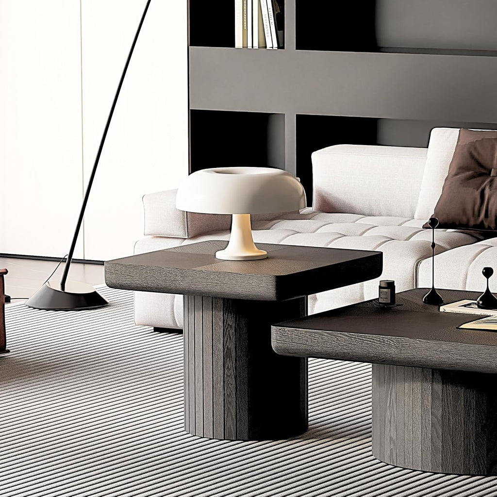 GOWE 23.6'' Modern Solid Wood Veneer End Table, Minimalist Square Side Table with Parquet Pattern, Grooved Cylindrical Base & Thickened Tabletop, Compact Accent Table for Living Room, Matte