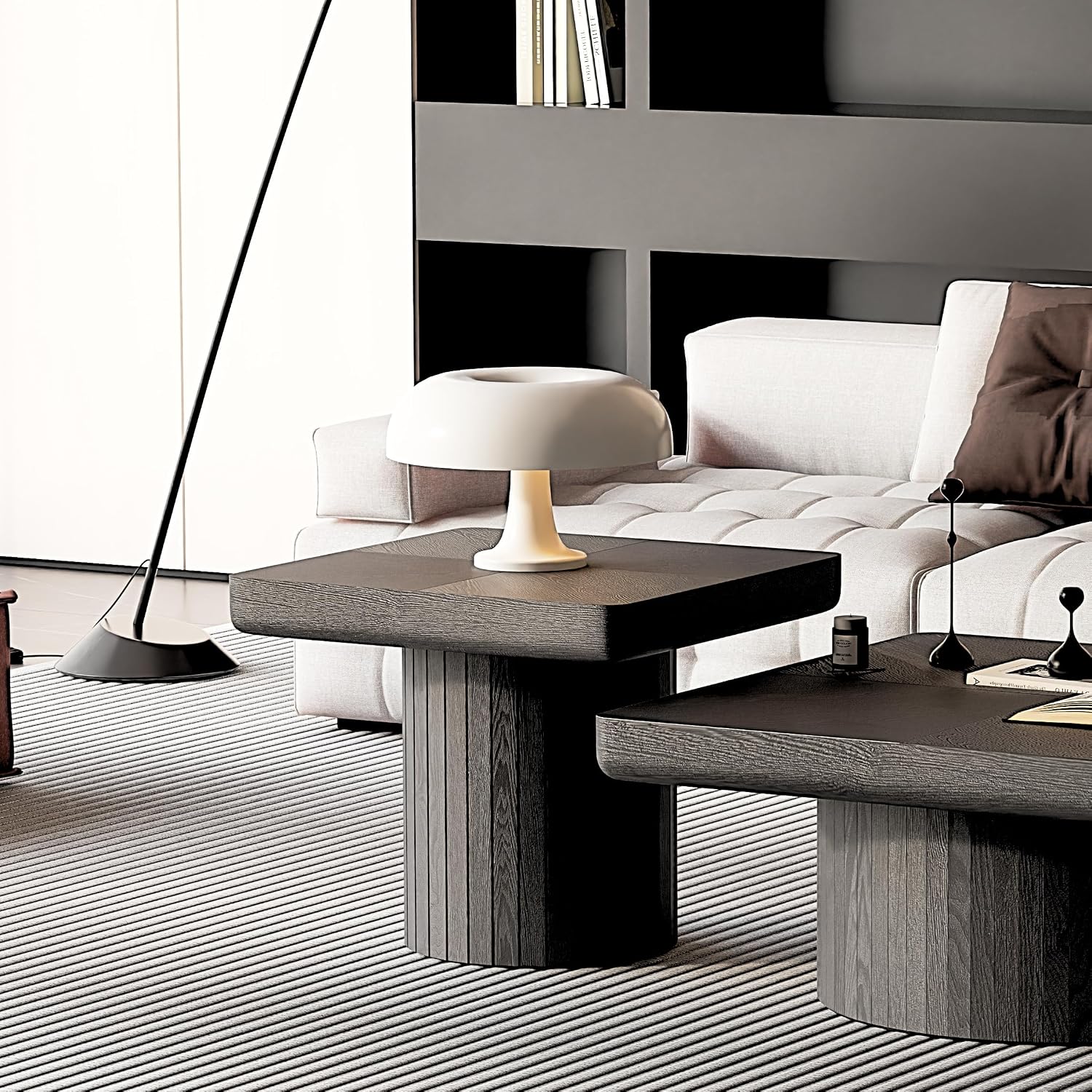 GOWE 23.6'' Modern Solid Wood Veneer End Table, Minimalist Square Side Table with Parquet Pattern, Grooved Cylindrical Base & Thickened Tabletop, Compact Accent Table for Living Room, Matte