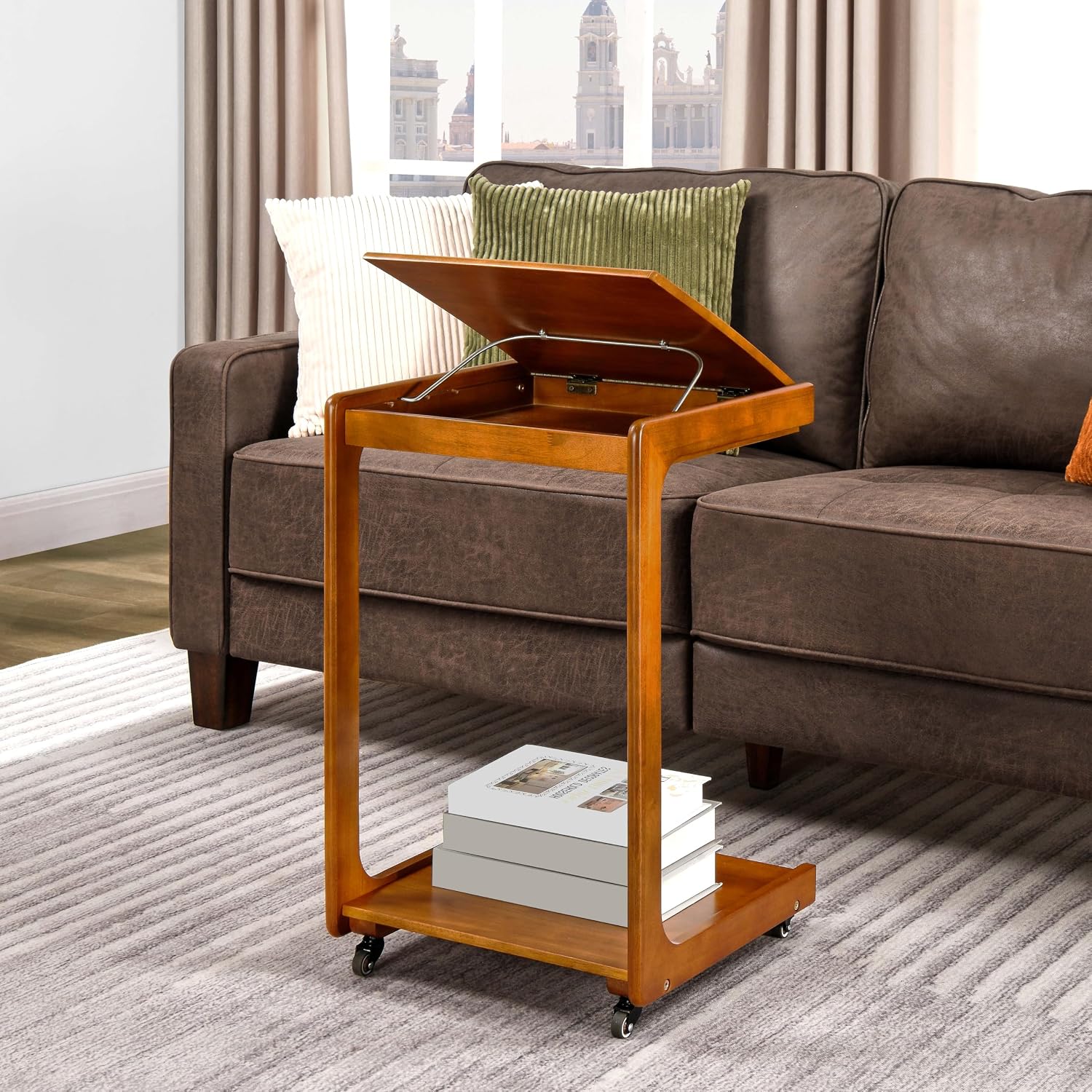 LEEMTORIG Small Rolling Side Table with Wheels, C-Shaped End Table with Storage, Adjustable Desktop Couch Table, Wooden Bedside Table Nightstand with Lockable Wheels for Living Room Bedroom BJ101-WL