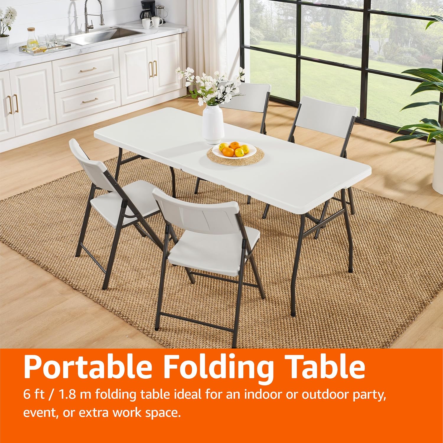 Amazon Basics Heavy Duty Portable Folding Table, 6 ft, Indoor & Outdoor, Fold-in-Half Design with Carrying Handle, White | Portable